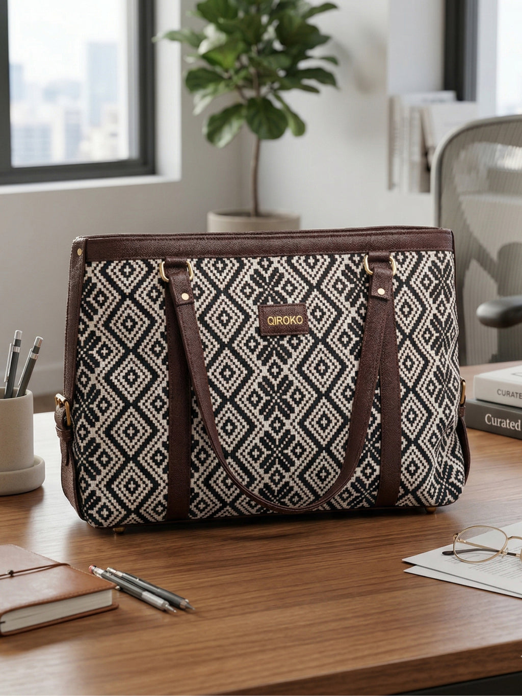 Power Edit Collection Office Laptop Handbag | Vegan Leather | Ikkat Monochrome