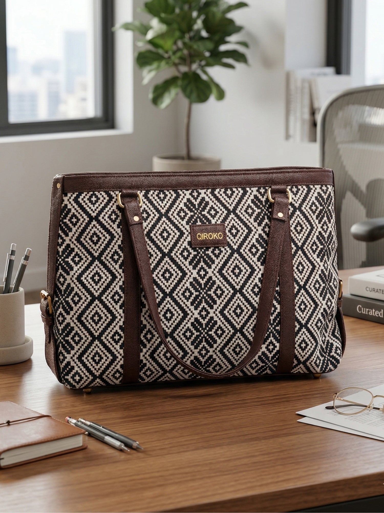 Power Edit Collection Office Laptop Handbag | Vegan Leather | Ikkat Monochrome