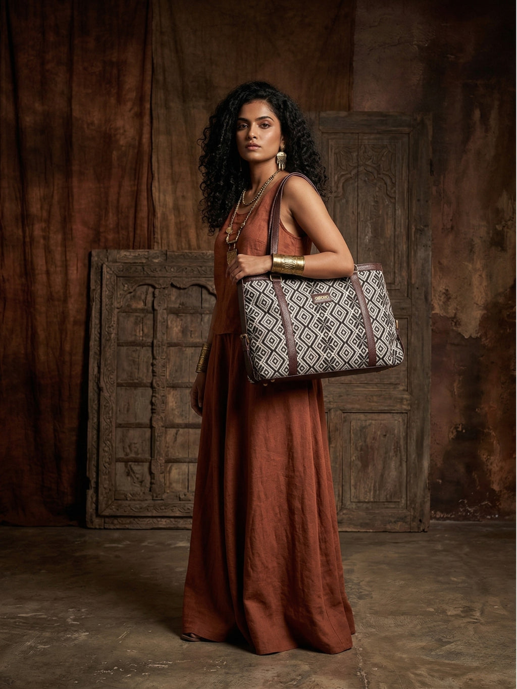 Power Edit Collection Office Laptop Handbag | Vegan Leather | Ikkat Monochrome